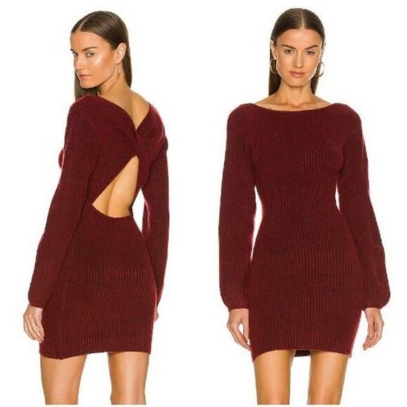 REVOLVE Majorelle Neva Cutout Sweater Dress Twist Balloon Sleeve Burgundy - Picture 1 of 14
